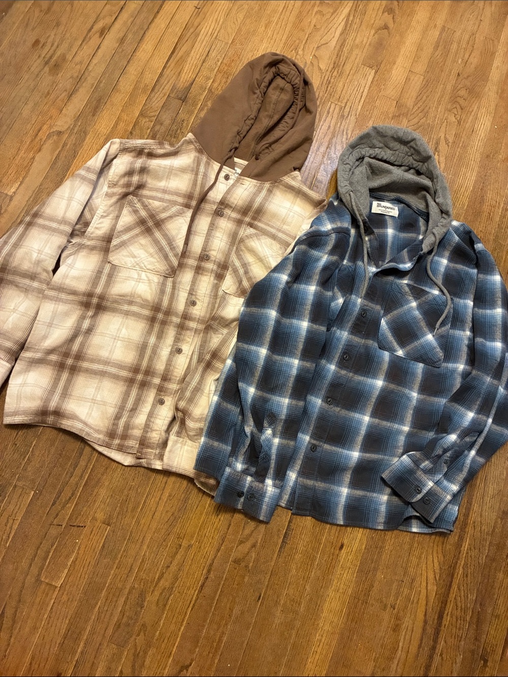 Pair of 2 Hooded Brushed Cotton Plaid Button-Down Shirts in Tan and Blue